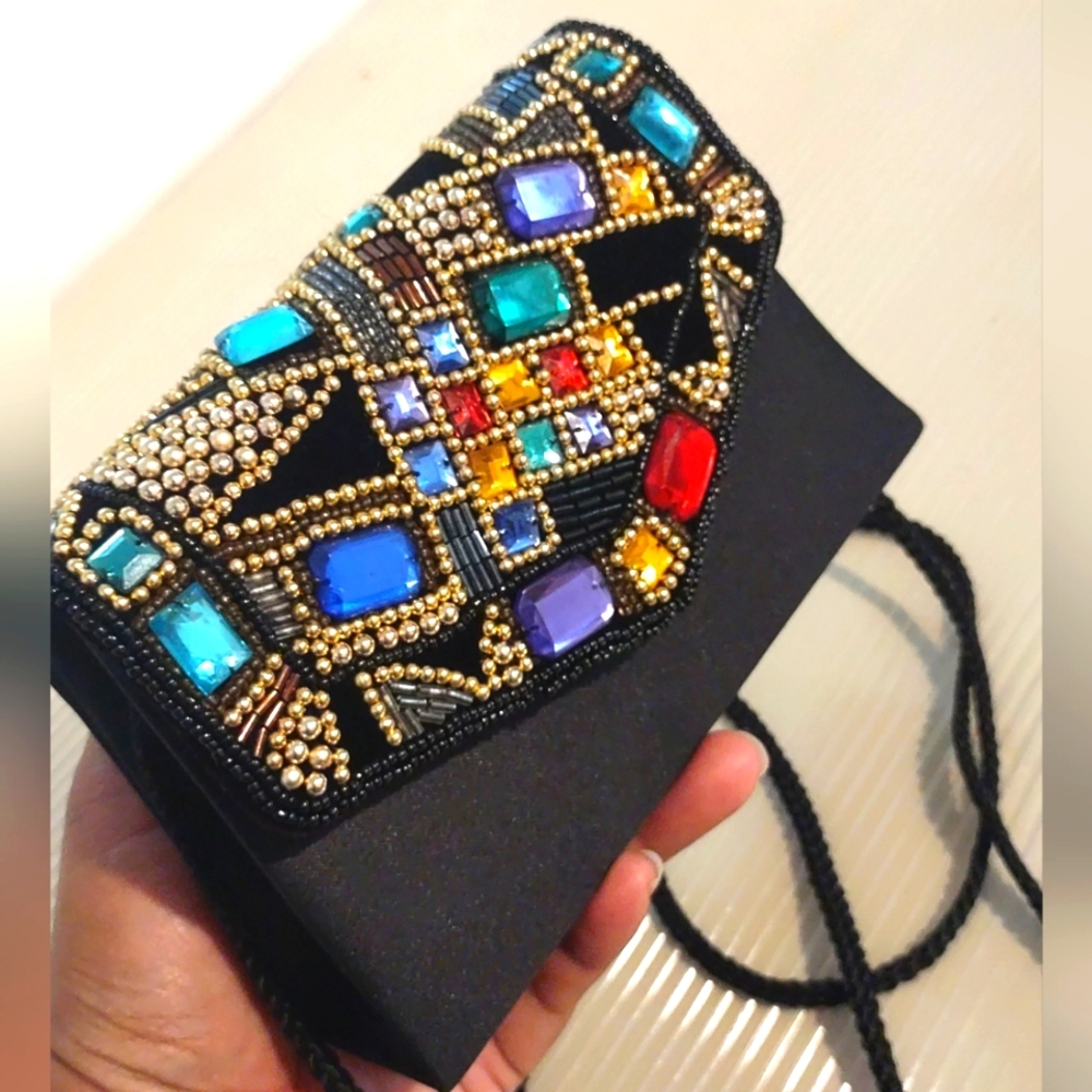 Vintage Black Velvet Jeweled Mini Evening Purse Crossbody Bag